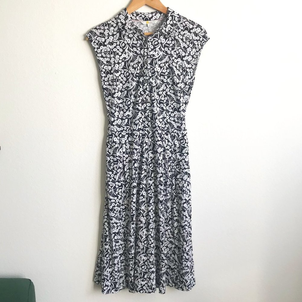 Boden Black and White Floral Cap Sleeve Tie Waist Button Down Midi Dress Size 2